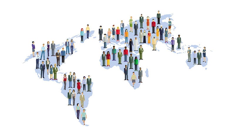 A world map with illustrations of diverse people representing global connections.